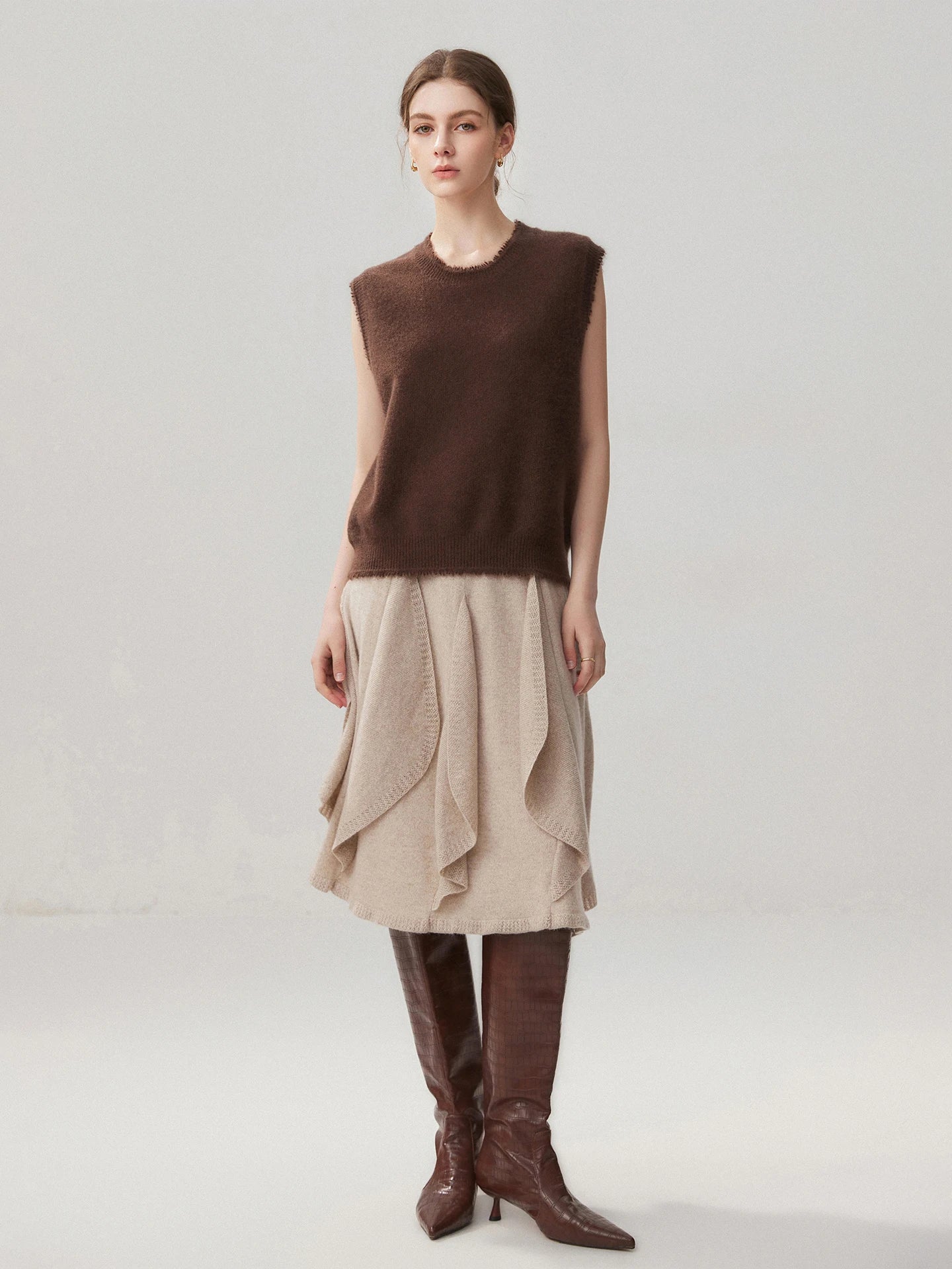 French 100% Pure Cashmere Skirt Ruffle Irregular A-line Soild Midi Sirt Autumn Winter Women Elegant Pleated  Knit Dress Fashion