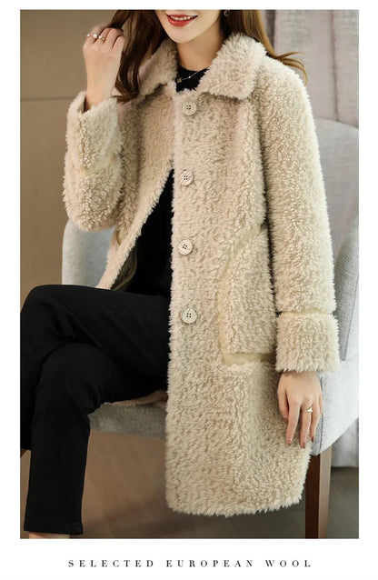 Female Winter Slim Grain Wool Middle Long Coat Women New Middle-Aged And Elderly Cashmere Thickened Imitation Lamb Wool Overcoat
