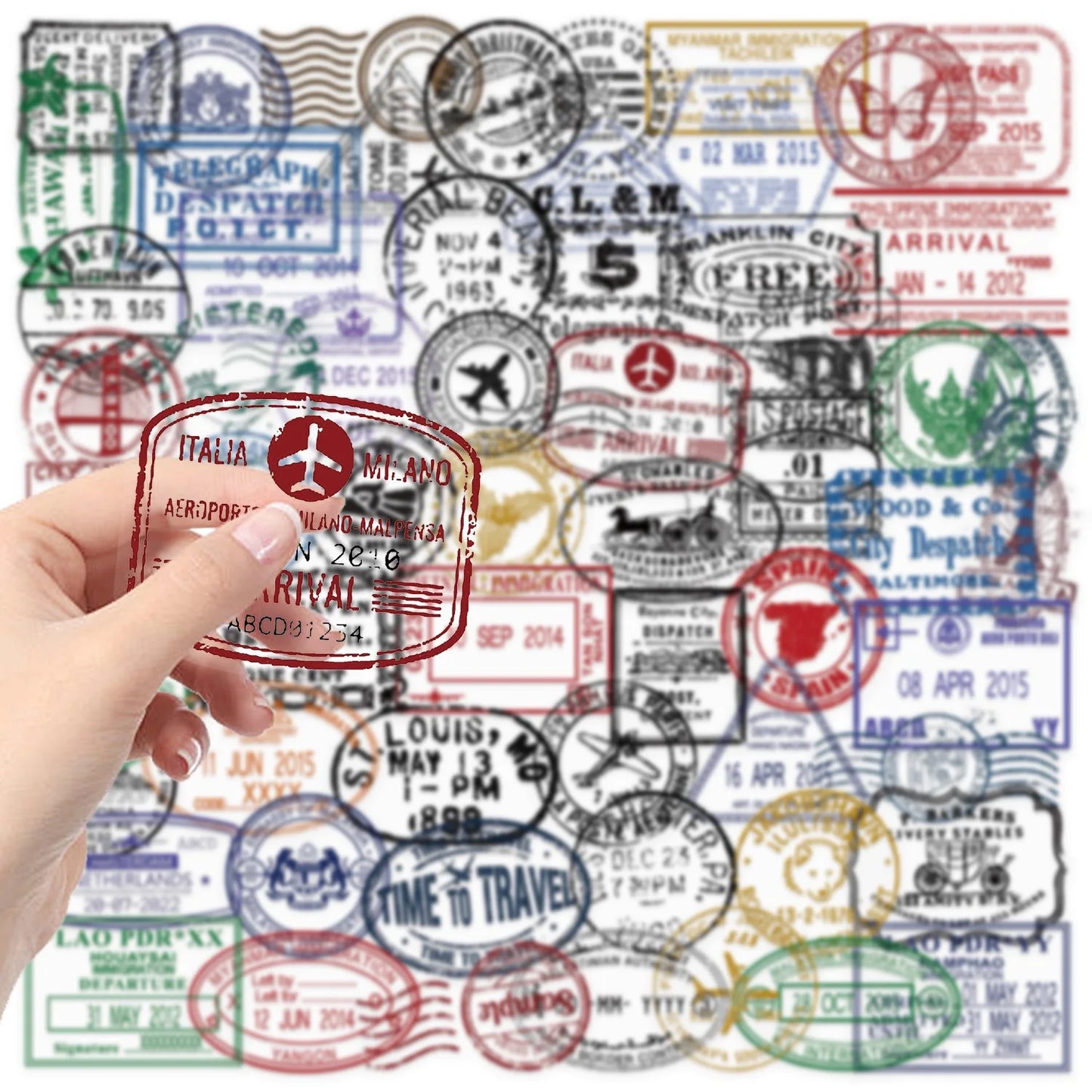10/60PCS Vintage Passport Stamps Transparent Stickers Travel Decals For Phone Notebook Luggage Skateboard Guitar DIY Sticker Toy