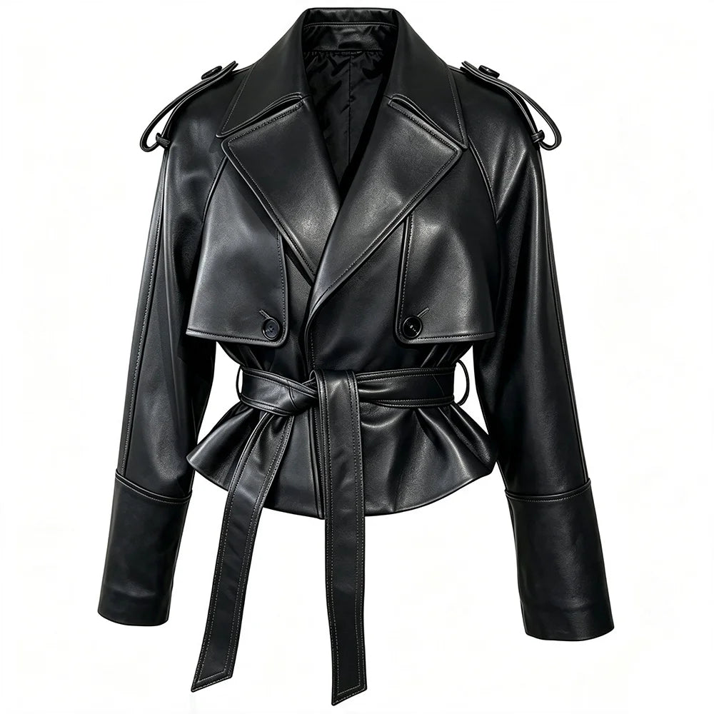 YOLOAgain Vintage Grain Leather Jacket Women Real Leather Sheepskin Jacket With Belt