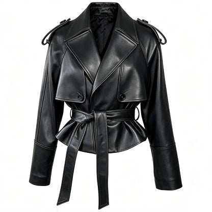 YOLOAgain Vintage Grain Leather Jacket Women Real Leather Sheepskin Jacket With Belt