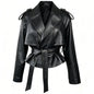 YOLOAgain Vintage Grain Leather Jacket Women Real Leather Sheepskin Jacket With Belt