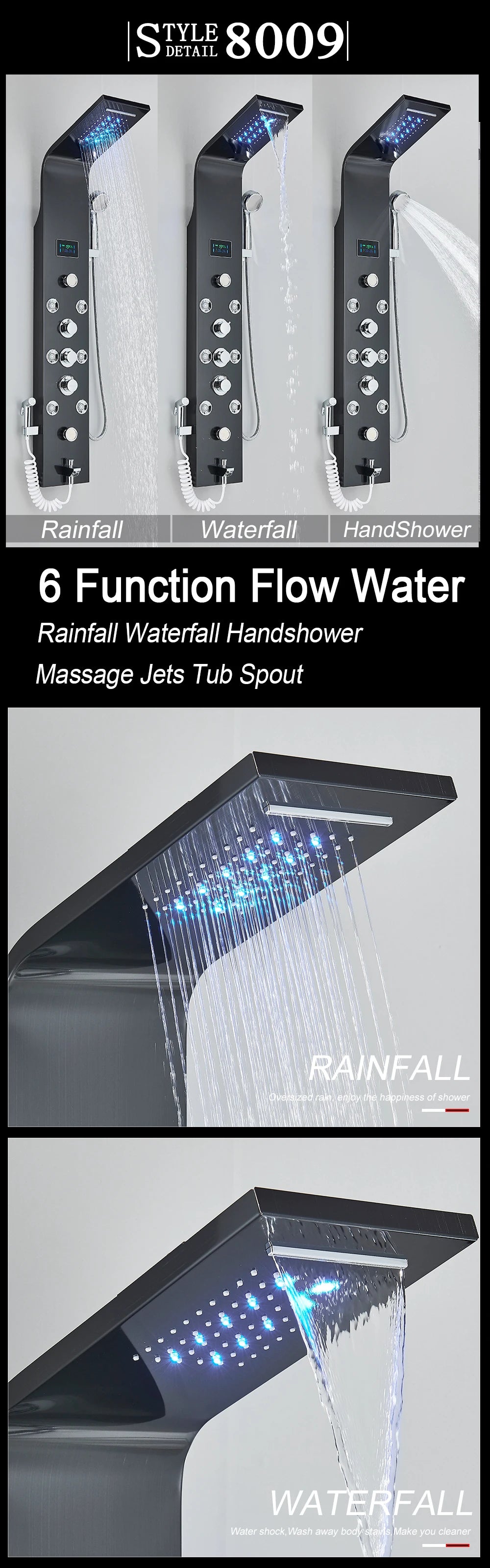 Black LED Light Shower Faucet Bathroom SPA Massage Jet Shower Column System Waterfall Rain Shower Panel Bidet Sprayer Tap