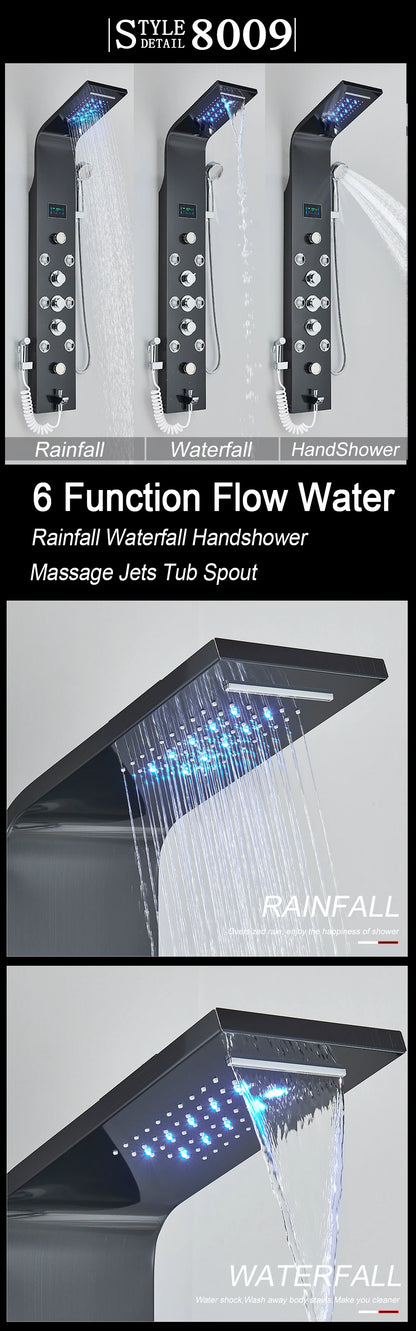 Black LED Light Shower Faucet Bathroom SPA Massage Jet Shower Column System Waterfall Rain Shower Panel Bidet Sprayer Tap