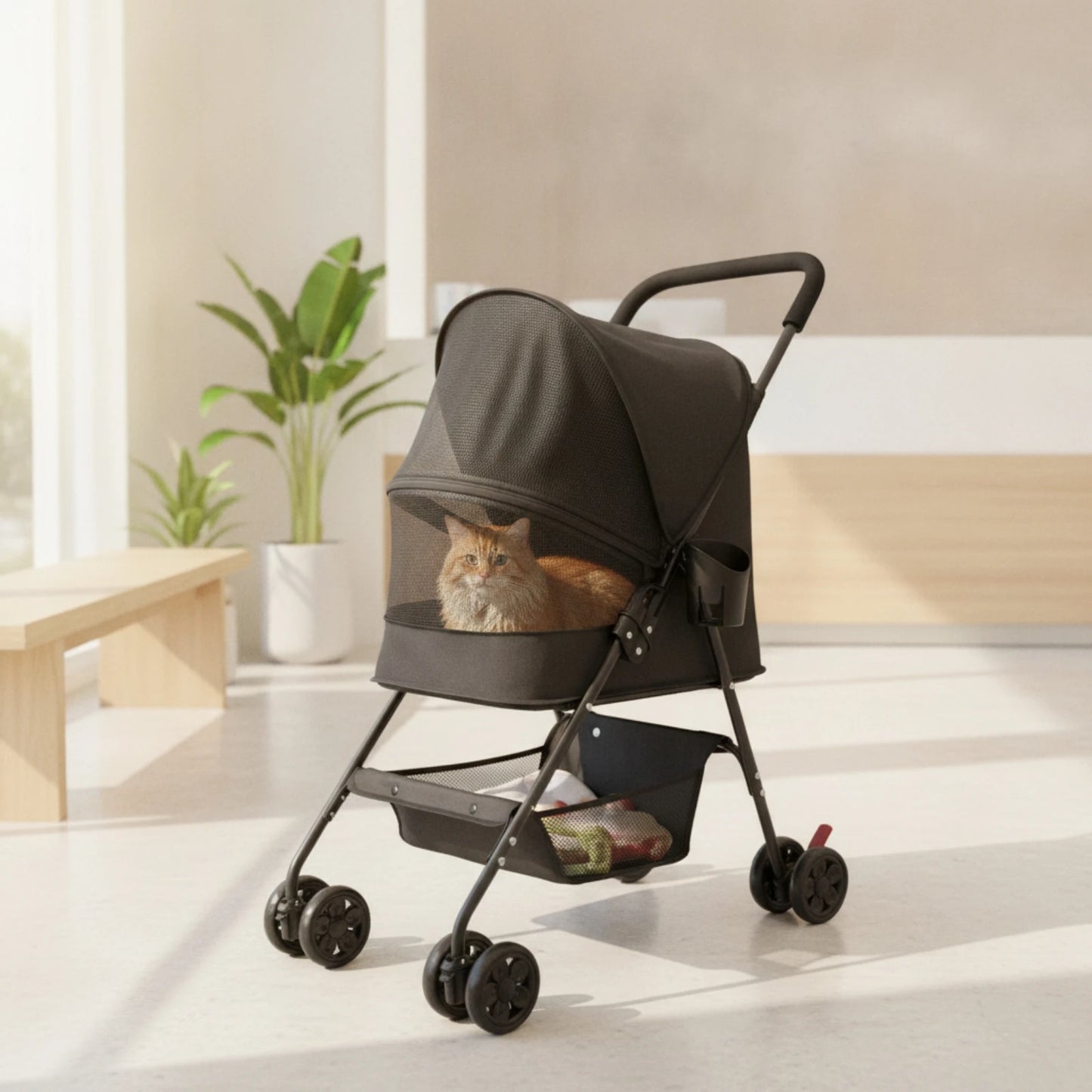 Pet Stroller with Cup Holder Collapsible Pet Stroller with Storage Basket Compact Portable for Small Dogs, Outdoor Walks, Travel