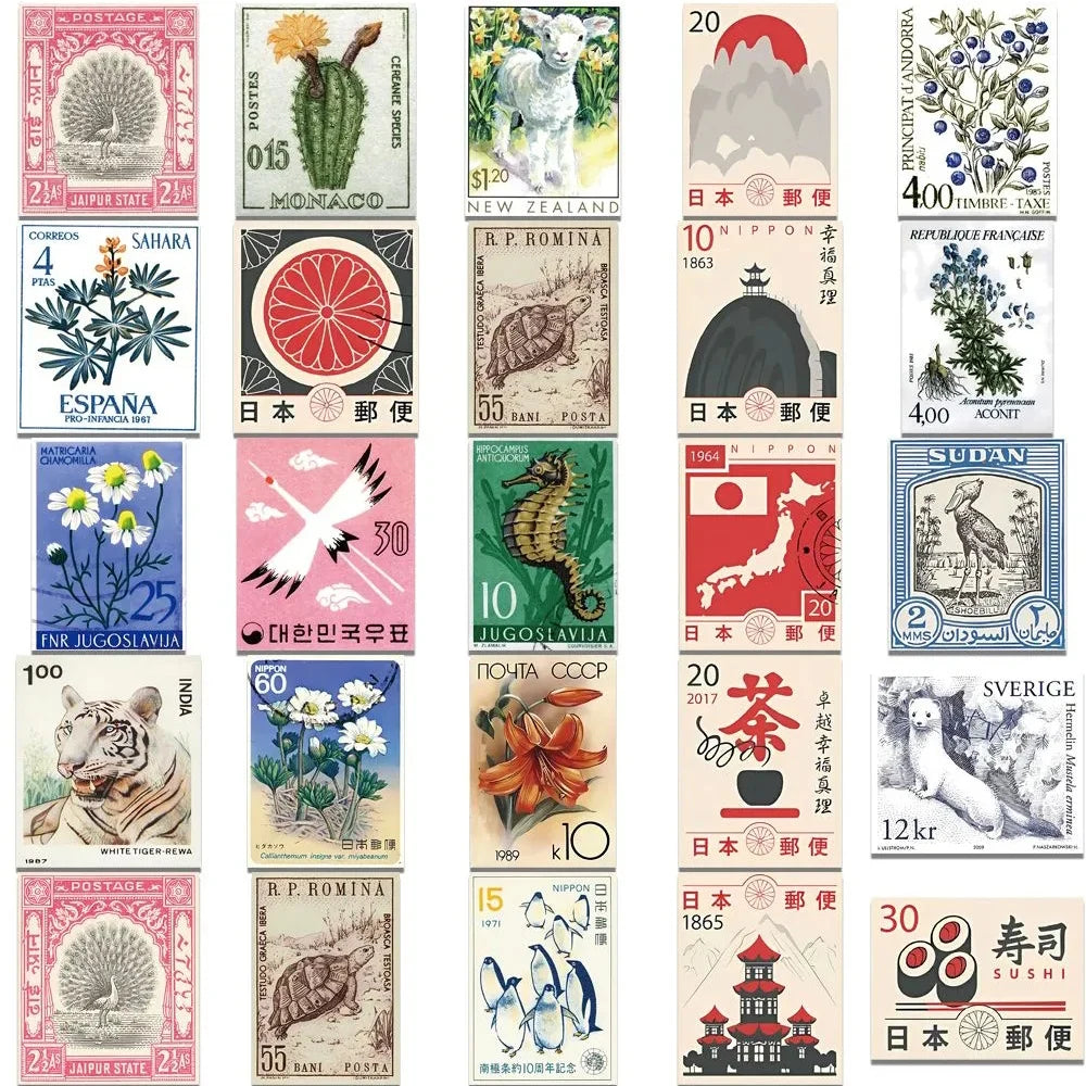 10/30/50pcs Retro Stamp Cartoon Stickers Vintage Postcard Decals DIY Stationery Fridge Suitcase Waterproof Sticker Packs