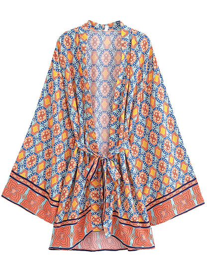Boho Queens Vintage Peacock Floral Print Sashes Beach Kimono Women Bohemian Wrap Batwing Sleeves Holiday Bikini Cover-ups