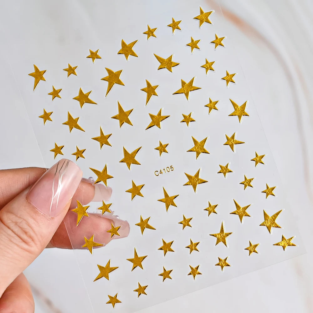 1pc Sliver Gold Star Nail Art Stickers Y2K Charms Self-Adhesive Sliders Laser White Chrome Gel Polish Decals Kawaii Accesories