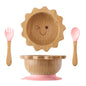 Baby Wooden Tableware Set Wooden Handle Fork Spoon Could Bamboo Wooden Plate Bowl Silicone Suction for Children Feeding Supplies