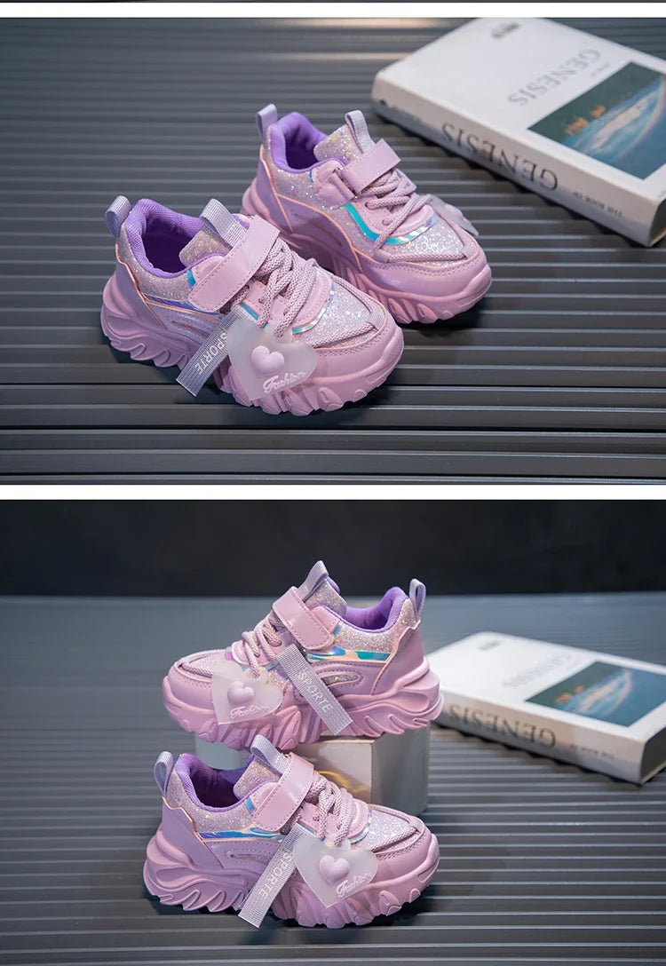 Girls Sports Shoes Kids Running Sneakers for School Fashion Cute Shiny Non-slip Children's Casual Shoes with Heart Spring Autumn