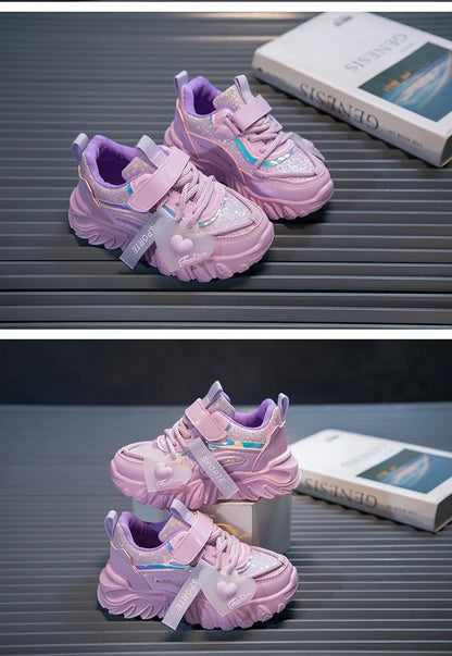 Girls Sports Shoes Kids Running Sneakers for School Fashion Cute Shiny Non-slip Children's Casual Shoes with Heart Spring Autumn