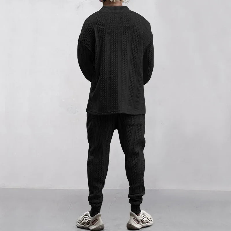2025 Cross-border New Men's Casual Trousers V-Neck Versatile Jacquard Knitted Sweater Set