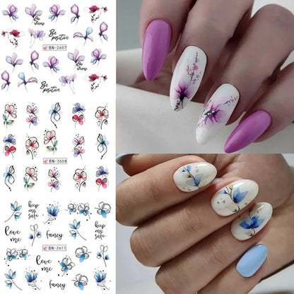 12Spring and Summer Water Transfer Ink Floral Nail Sticker Set Contains Blooming Flowers and Green Leaves Graffiti Slider Nail