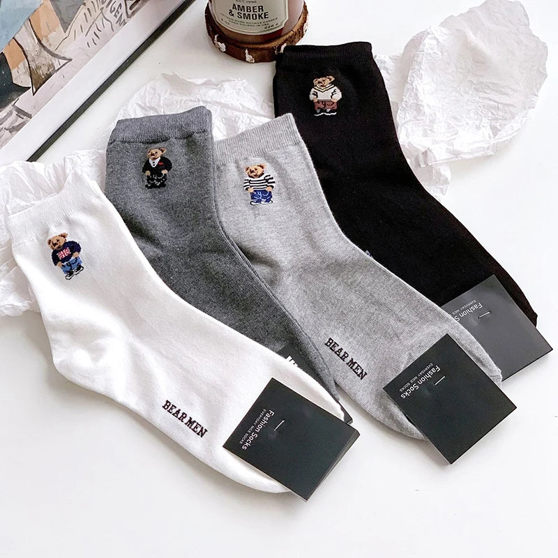 Good Quality Cartoon Gentleman Bear Men's Socks Cotton Harajuku Style Sport Boys Skateboard Novelty Breathable  Christmas Gifts