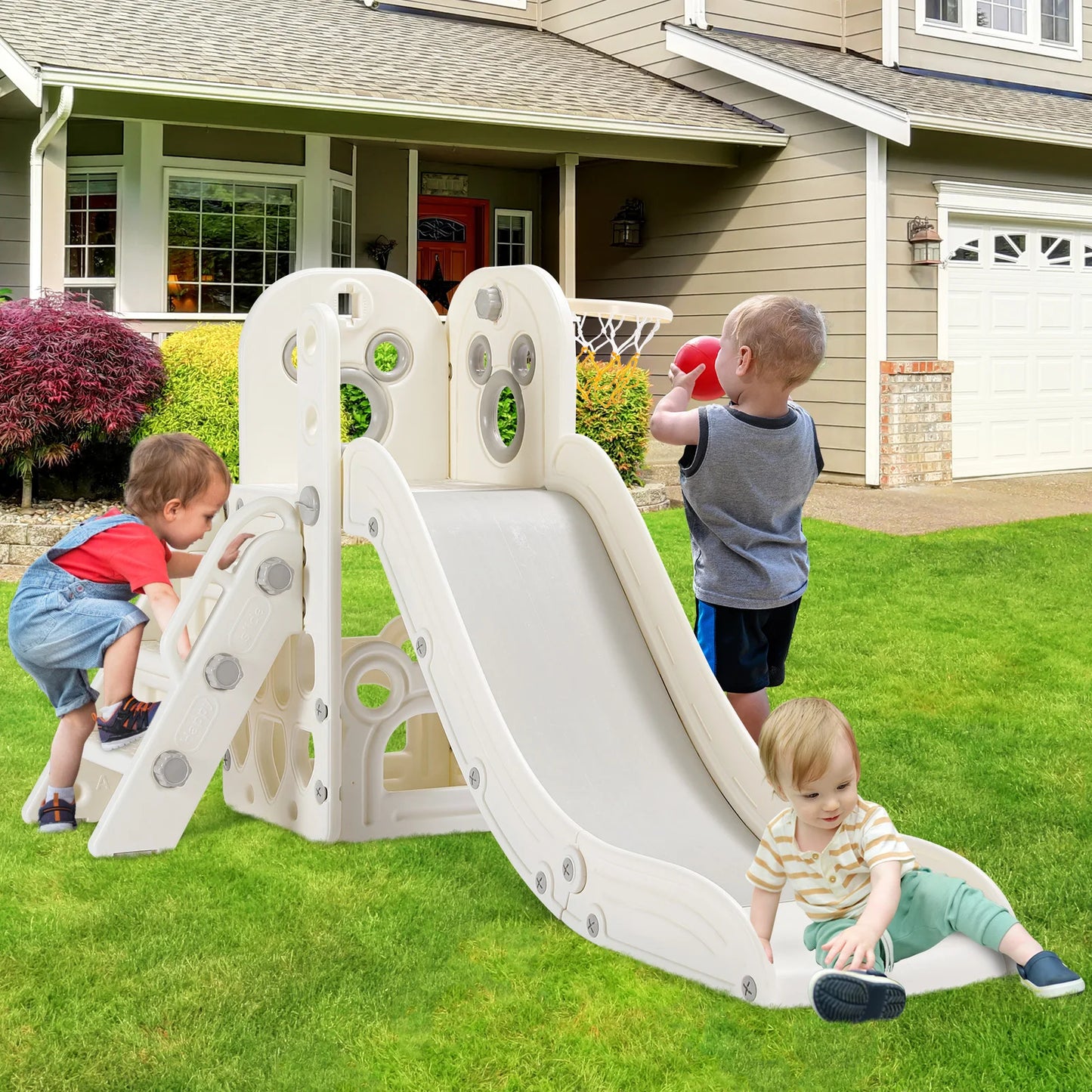 Sturdy Toddler Slide with Basketball Hoop Plastic Kids Slide Climber with Anti-Slip Steps Indoor Outdoor Children Toy Playground