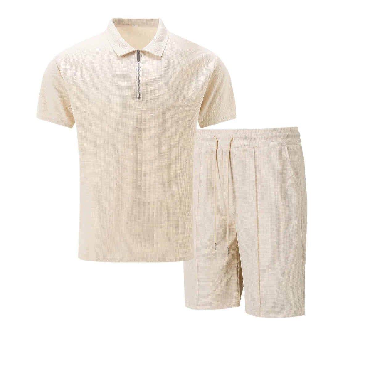 2026 Men Europe and the United States new summer Waffle solid color zip-up lapel short-sleeve suit shorts two sets
