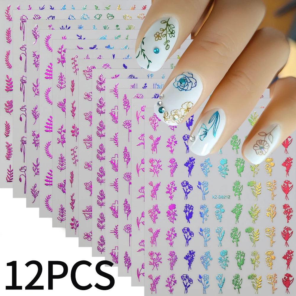 12pcs/set 3D Shiny Leaf Flower Nail Art Sticker Laer Gold Bronzing Leaves Nail Decals 8*10cm Self-Adhesive Nail Art Supplies e5#