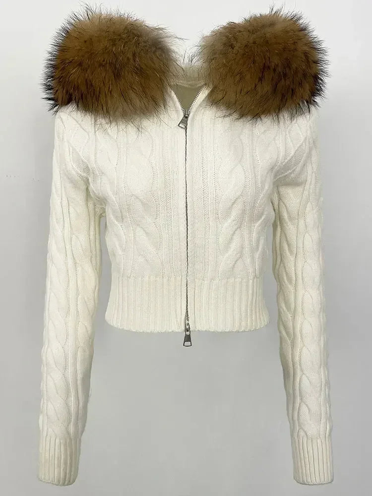 Fashion Natural Fox Fur Collar with Knitted Sweater Women Casual Sweater 2025 New Spring Autumn Slim Fit Elastic Oversized Coat