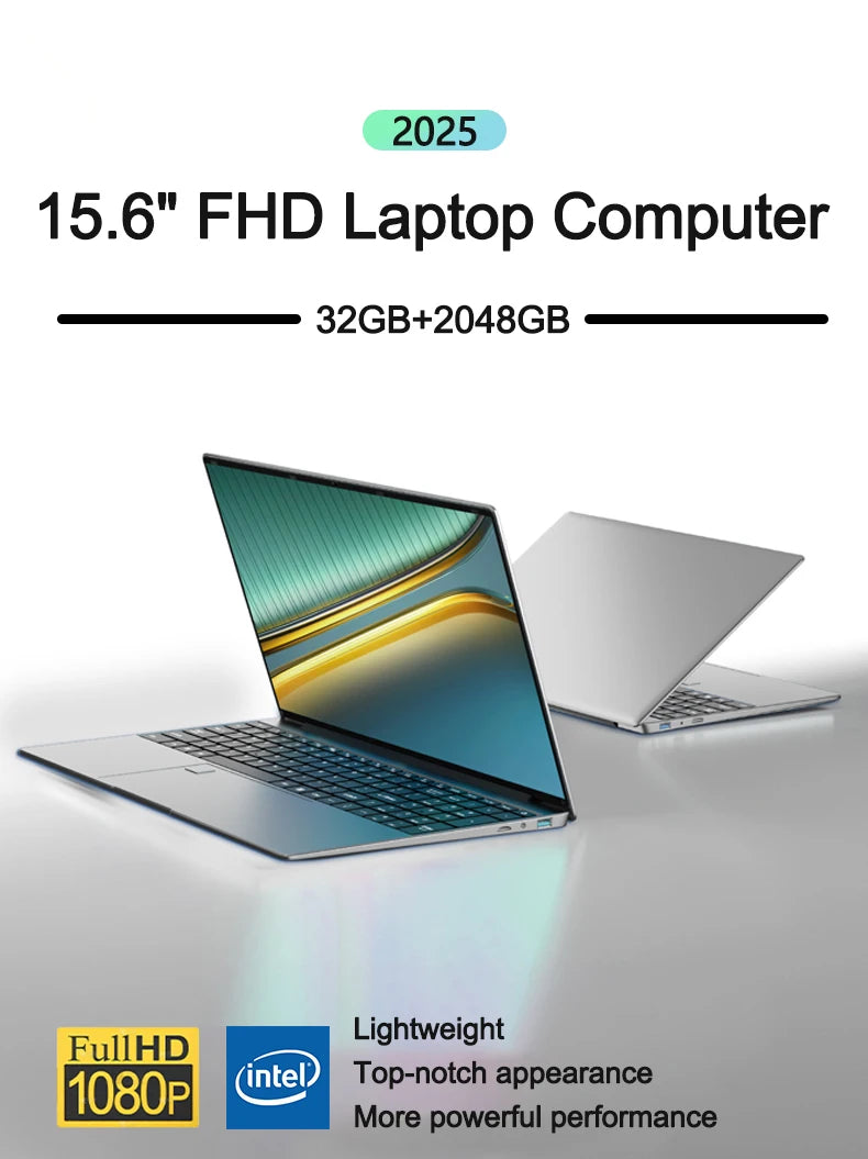 Lightweight 15.6" Laptop Intel 6500Y 32GB RAM 2TB SSD 5000mAh Windows 11 Backlit Keyboard Fingerprint for Business & Gaming