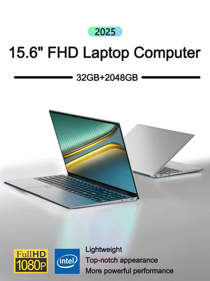 Lightweight 15.6" Laptop Intel 6500Y 32GB RAM 2TB SSD 5000mAh Windows 11 Backlit Keyboard Fingerprint for Business & Gaming