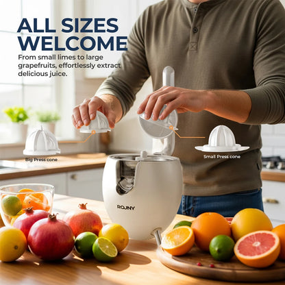ROUNY Electric Citrus Juicer, Orange and Lemon Press with Stainless Steel Spout, BPA-Free Parts and Easy-Clean Design