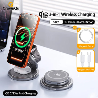 Protable 25W Metal Wireless Charger Qi2.2 Fast Charging Station Stand 360° Rotation for iPhone 17 16 15 14 Pro Max Watch Airpods