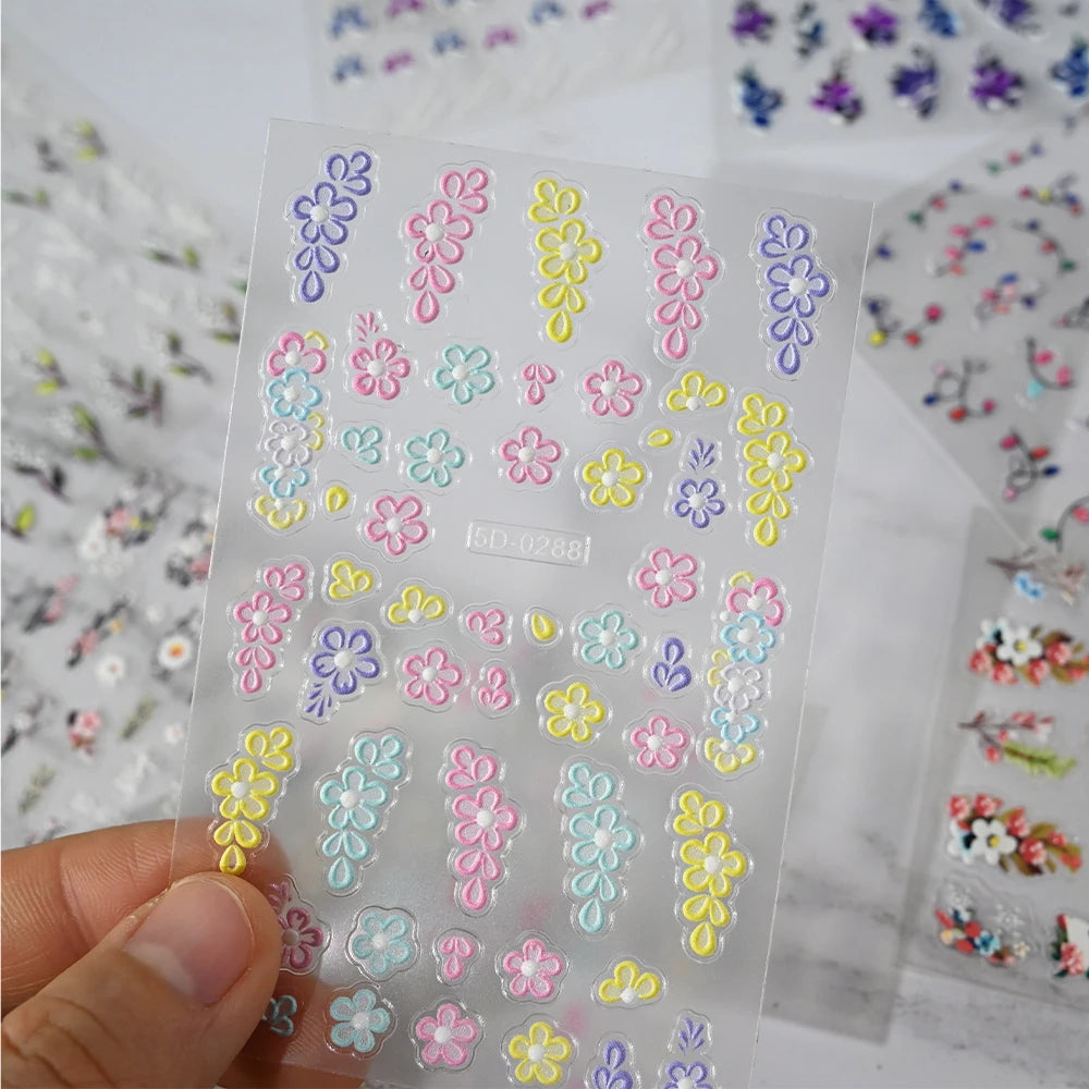 5D Pink Blue Floral Nail Art Stickers Petals Leaf Plant Embossed Nail Decals Spring Summer Flower Design for DIY Nail Supplies