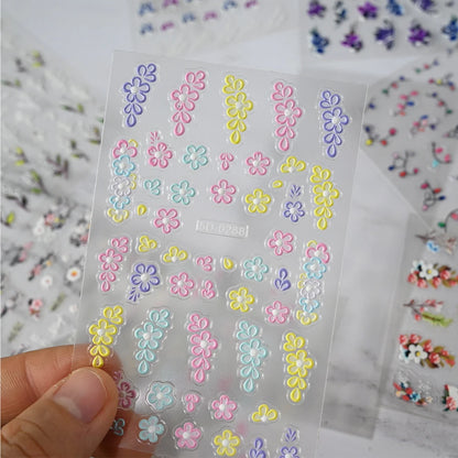 5D Pink Blue Floral Nail Art Stickers Petals Leaf Plant Embossed Nail Decals Spring Summer Flower Design for DIY Nail Supplies