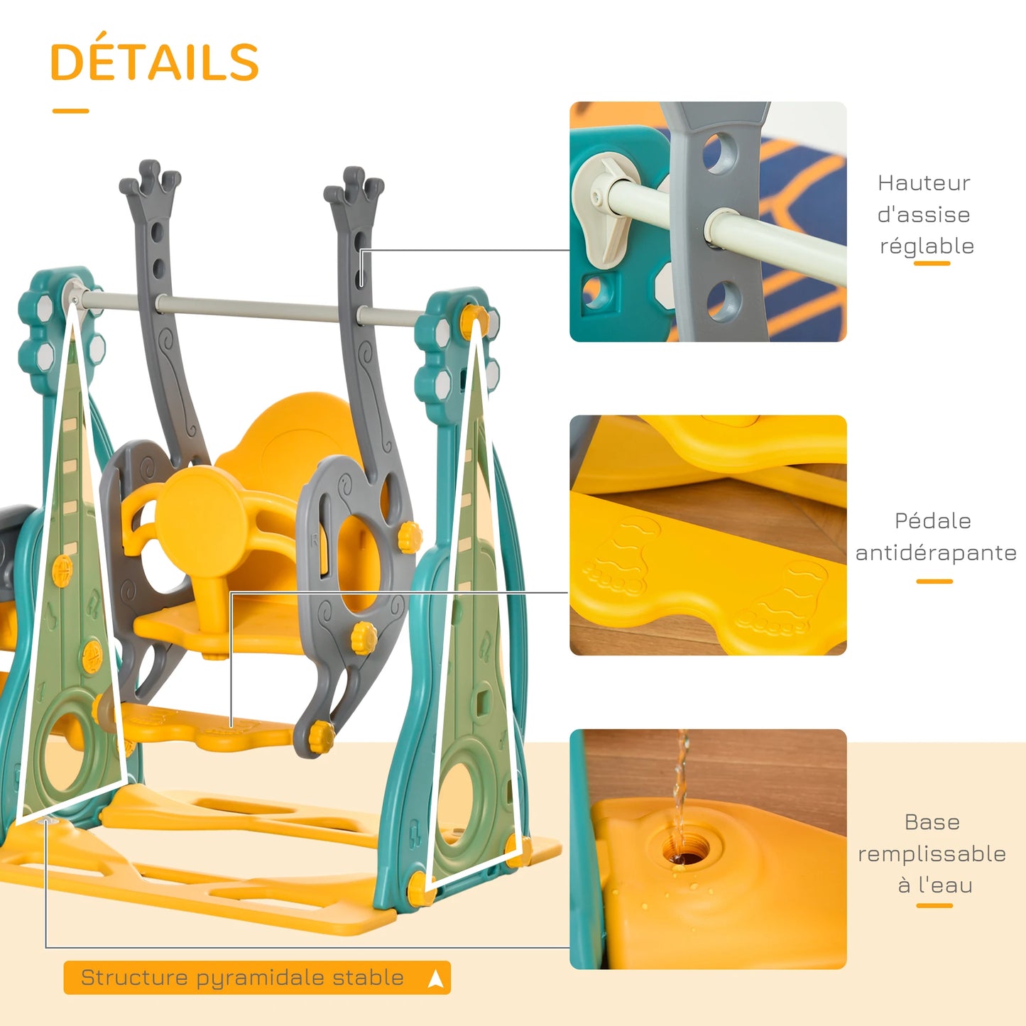 4-in-1 children’s slide and swing with basketball hoop, adjustable seat, 152x149x107cm, blue and yellow