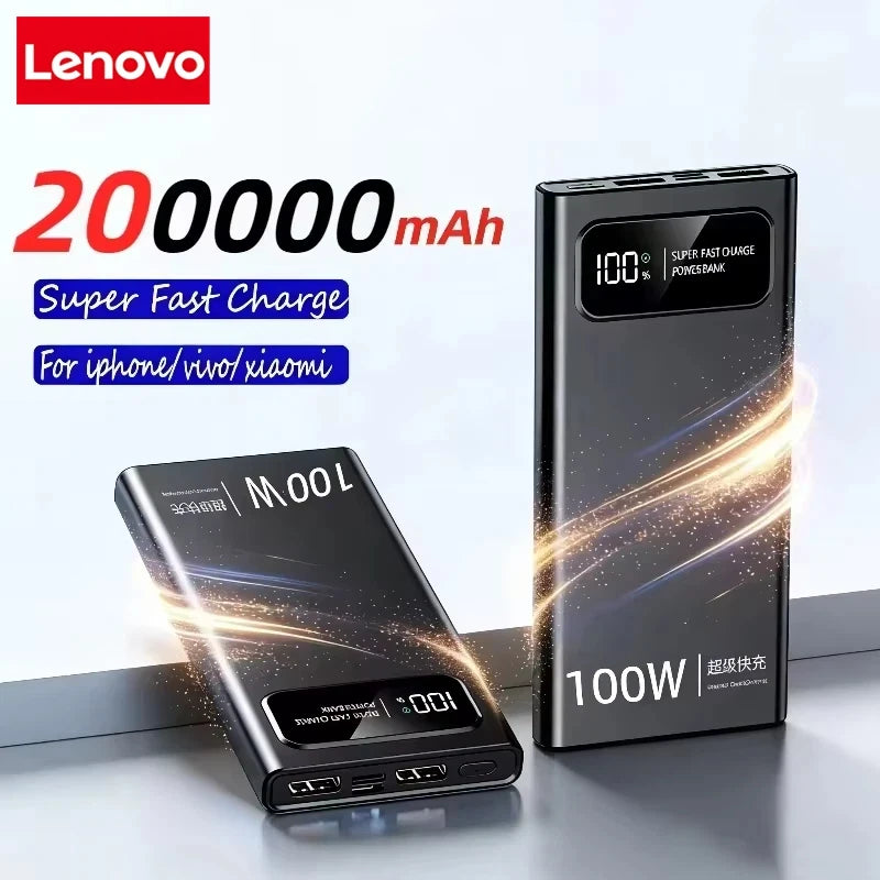 Lenovo 200000mAh Power Bank High Capacity 100W Super Fast Charging Portable External Battery With LED Digital Display For iphone