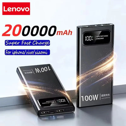 Lenovo 200000mAh Power Bank High Capacity 100W Super Fast Charging Portable External Battery With LED Digital Display For iphone