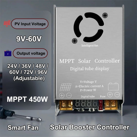 Step-Up MPPT Solar Controller Booster 450W 12A Digital Display Charging 9V-60V Input for 12V-120V Lithium Lead-Acid
