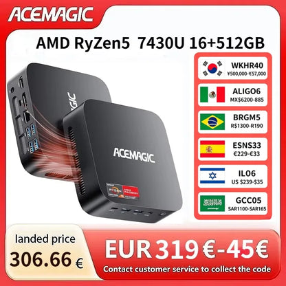 ACEMAGIC AMD Ryzen 5 7430U Mini PC 16GB LPDDR4X RAM 512GB SSD Windows 11 Pro Small Form Factor Computer WiFi 6 Triple Display PC