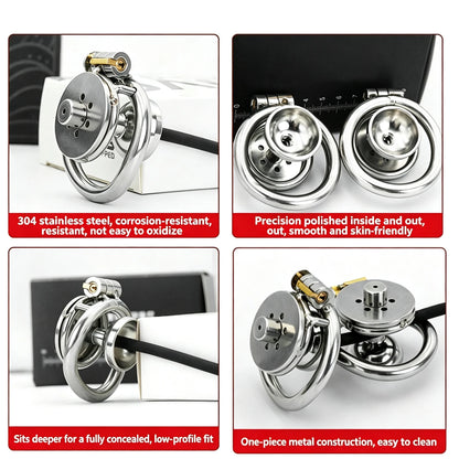 Urethral Inverted Negative Male Chastity Lock Flat Cock Cage with Metal Urethral Catheter for Couple Men Penis Ring Bondage BDSM