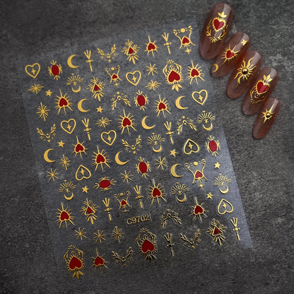 1pcs 3D Bronzing Gold Love Heart Nail Art Stickers Y2K Holographic Stars Sun Starlight DIY Nail Decals Heart Manicure Decoration