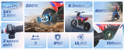 Rfn 150 Electric Dirt Bike- Off-Road Kids Electric Motorcycle, 200W, 2 Speeds, for Boys & Girls, Electric Vehicle