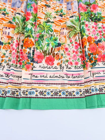 TFAFXY 2025 Summer Printed Pleated Long Skirts For Women Ruffled Elegant Women's Skirts High Waist Casual Loose Midi Skirt