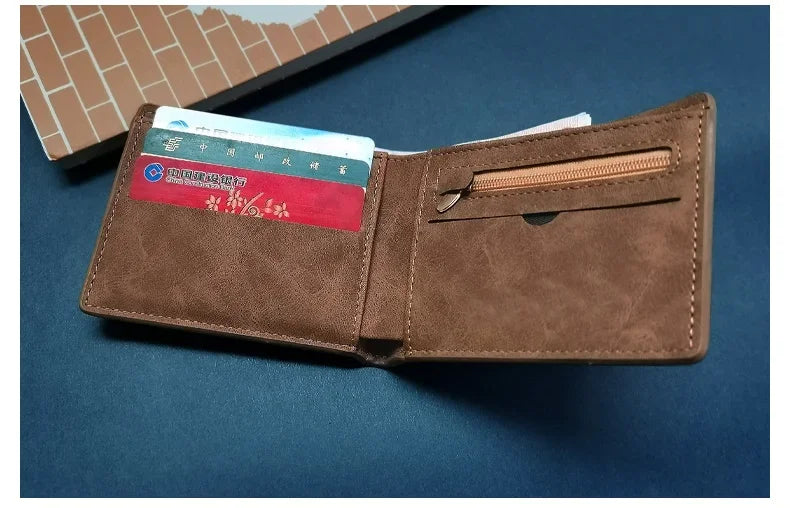 New Retro Men Short Wallet with Zipper Coin Bag Men Leather Wallet Small Money Purse Design Top Men Thin Wallet with Coin Bag