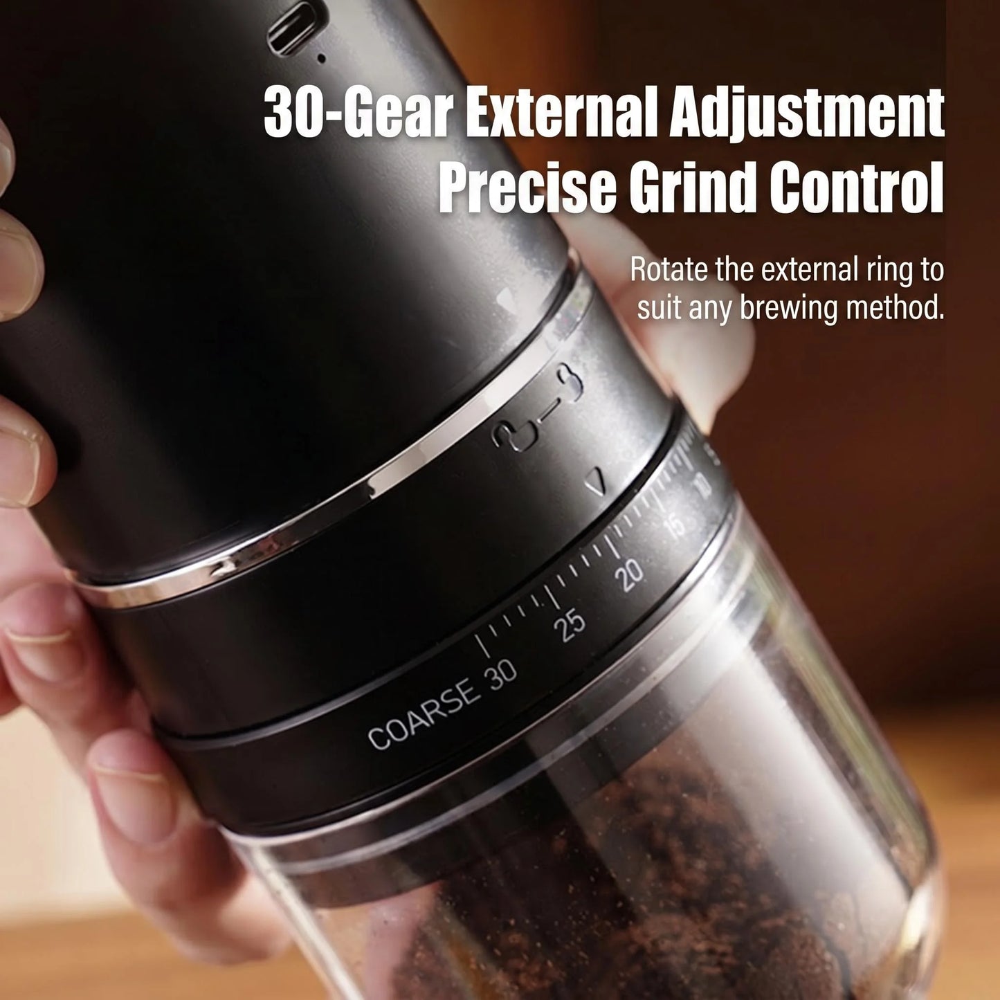 Portable Rechargeable Electric Coffee Grinder, External Adjustable Grind Mill for Espresso & Hand Pour Coffee