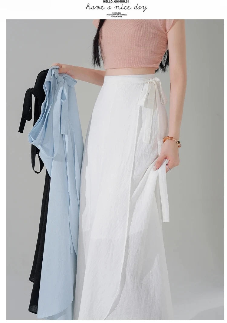 Chic Korea Clothes Summer Women Cute Sweet GIrls Solid Robe Holiday Date High Waist Retro Vintage Wrap One-Piece Lace-Up Skirts