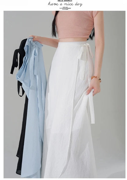 Chic Korea Clothes Summer Women Cute Sweet GIrls Solid Robe Holiday Date High Waist Retro Vintage Wrap One-Piece Lace-Up Skirts
