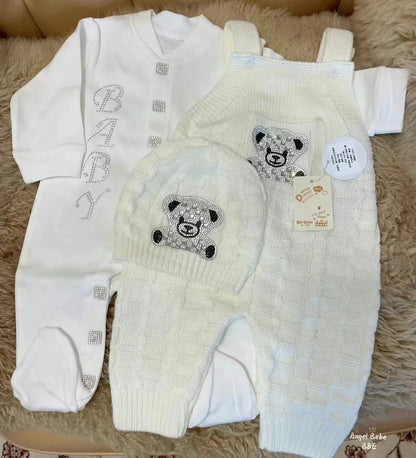 Dollbling Baby Boys' Knit Ribbed Romper Jumpsuit with Bodysuit and Hat 3pcs Set Newborn Cotton Knitted Sweater Romper Suit