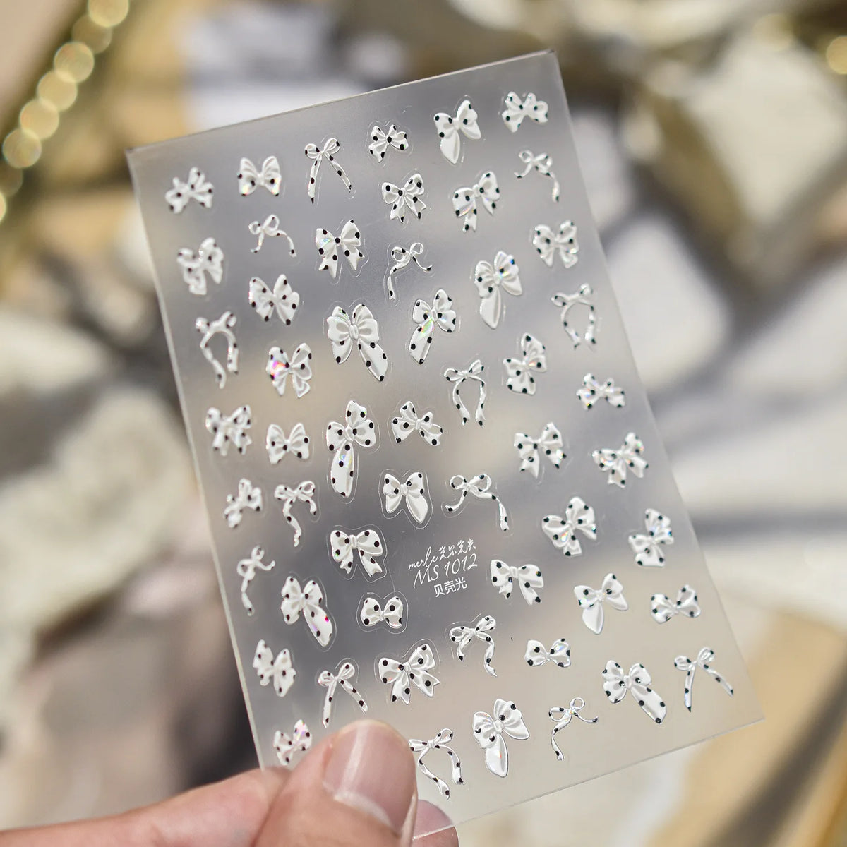 Shell Light Nail Stickers Small Fresh White Bow Ribbon Nail Charms Stickers Self Adhesive Nails 3D Decorations Parts DIY Decals