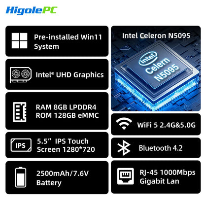 Higole Gole 2 Pro 5.5'' Mini PC Intel N5095 Windows 11 WiFi5 8/16 128/256G 2500mAh Screen Tablet Laptop Desktop PC Mini Computer