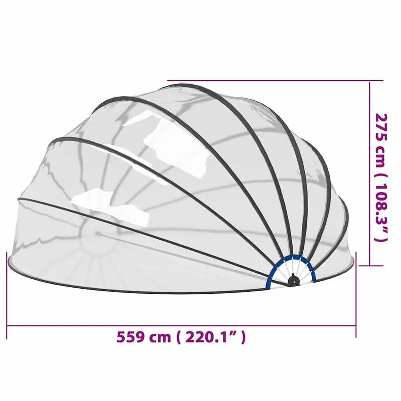 559x275 cm Pool dome cover. This pool cover is made of PVC material and filled with fiberglass, effectively blocking sunlight and preventing external pollutants such as leaves, insects, and dust from entering the pool.