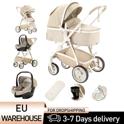 Baby stroller 3 in 1 Baby carriage Portable luxurious travel pram High landscape newborn baby stroller with baby carrier PU