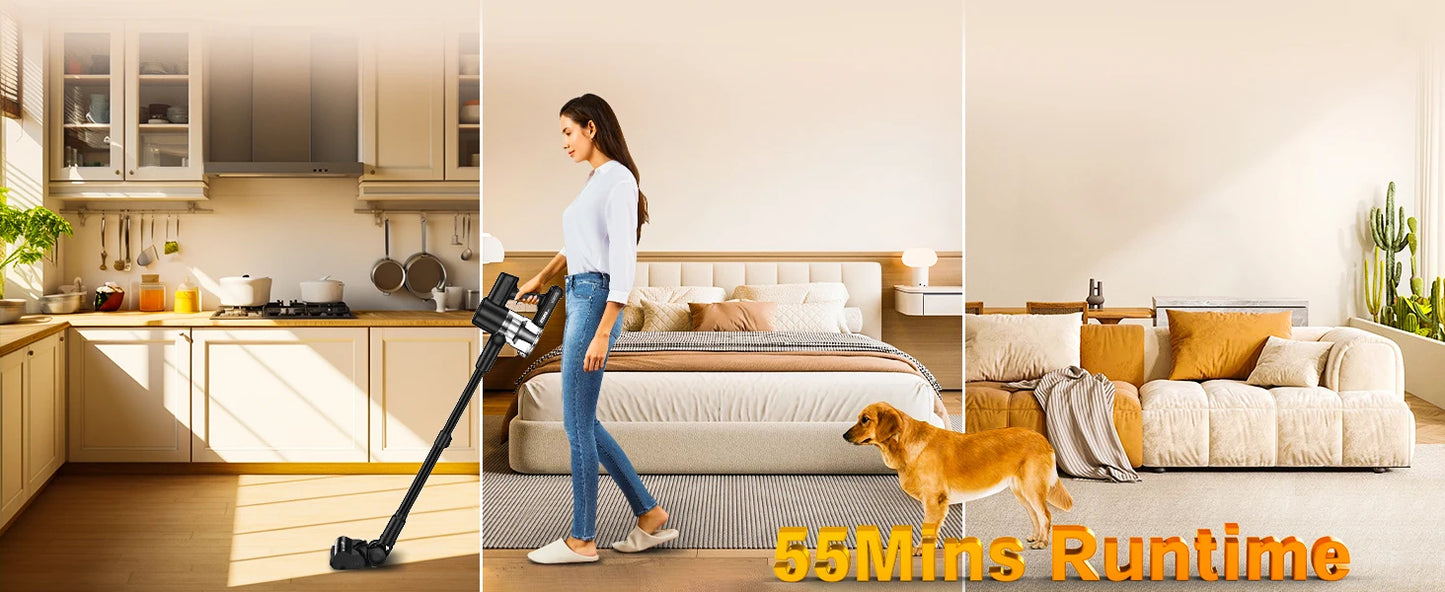 Cordless Vacuum Cleaner, 55Kpa/55Mins Vacuum Cleaners for Home, Anti-tangle Stick Vacuum with Self-Standing, Wall Mount Charging