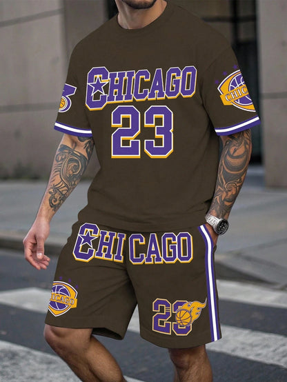 Men's Sports Short Sleeve Top Shorts Set Plus Size Breathable Basketball Sports Clothing Letter Print T-shirt Shorts 2-piece Set