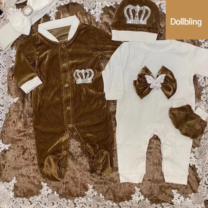 Dollbling Royal Blue Velvet Baby Romper Outfits Set Welcome Home Nursery Infant Nest Luxury Crown Receiving Blanket