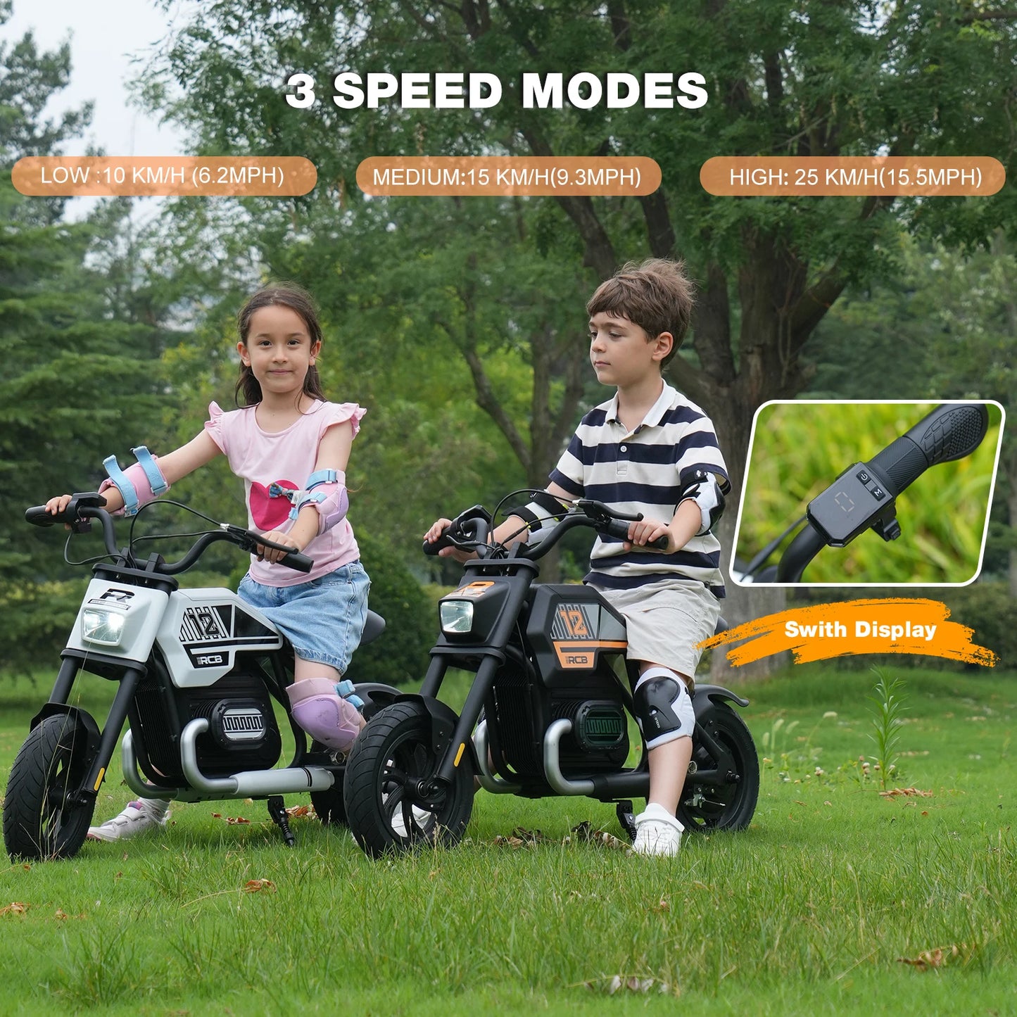RCB KIDS Kids Electric Motorcycle R9, 200W 24V Rechargeable Ride On Toy, 3 Speed Adjustable, Bluetooth Music LED Light, Max Load 80kg, Outdoor Racing Toy for Children 6+